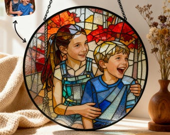 Stained Glass Portrait Ornament, Personalized Christmas Suncatcher, Couple or Family Photo Gift, Holiday Keepsake