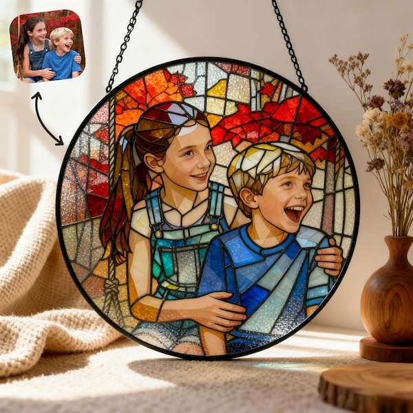 Stained Glass Portrait Ornament, Personalized Christmas Suncatcher, Couple or Family Photo Gift, Holiday Keepsake