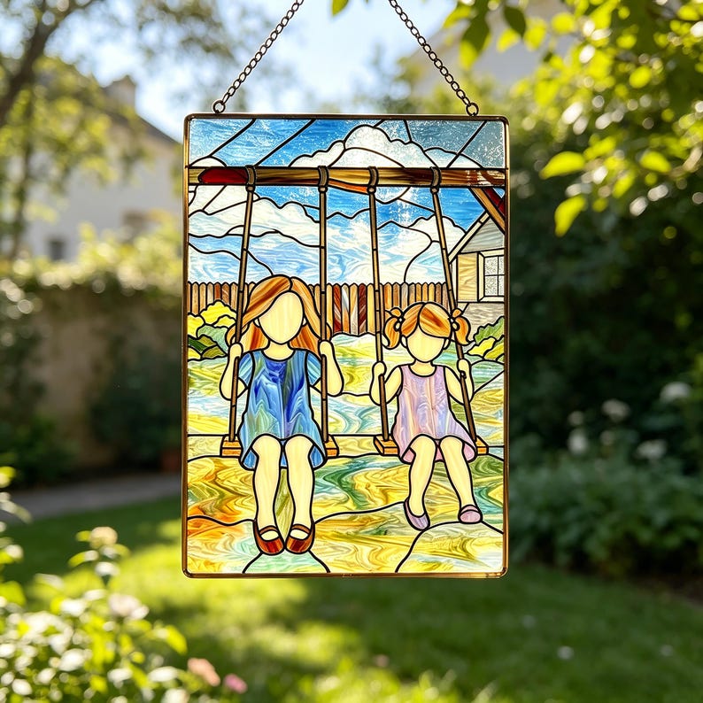 May include: A rectangular stained glass suncatcher featuring two figures on swings against a blue sky with white clouds. One figure wears a blue dress, the other a light purple dress. The scene includes a wooden fence and green foliage.