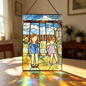 May include: A rectangular stained glass suncatcher featuring two figures on swings against a blue sky with white clouds. The left figure wears a blue dress, and the right figure wears a light purple dress. The piece is framed in metal with a hanging chain.