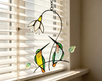Handcrafted Stained Glass Hummingbird & Flower Hanging, Unique Bird Window Ornament, Sun Catcher for Home or Garden Decor