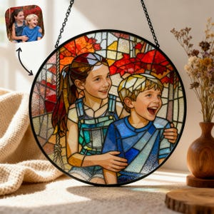 Stained Glass Portrait Ornament, Personalized Christmas Suncatcher, Couple or Family Photo Gift, Holiday Keepsake