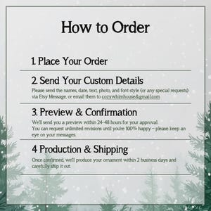 May include: A light gray informational graphic titled How to Order with four numbered steps. The text outlines the process of placing an order, sending custom details via Etsy message or email, previewing the design, and production timelines.