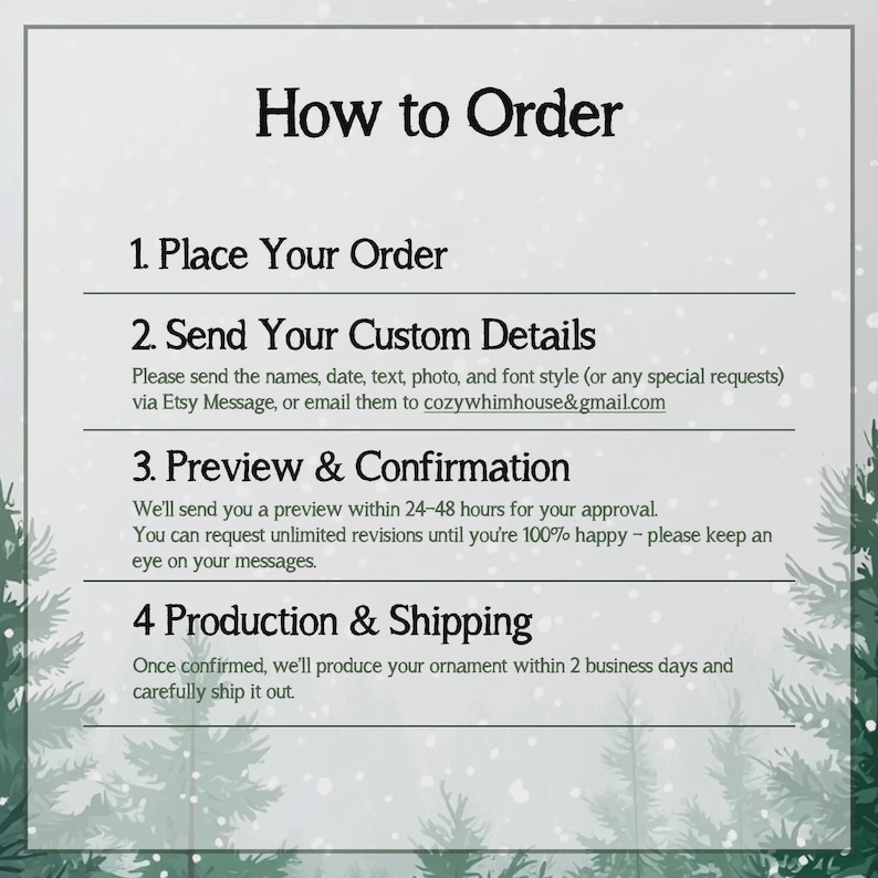 May include: A light gray informational graphic titled How to Order with four numbered steps. The text outlines the process of placing an order, sending custom details via Etsy message or email, previewing the design, and production timelines.