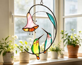 Handcrafted Stained Glass Hummingbird Flower Sun Catcher, Window Ornament Decor