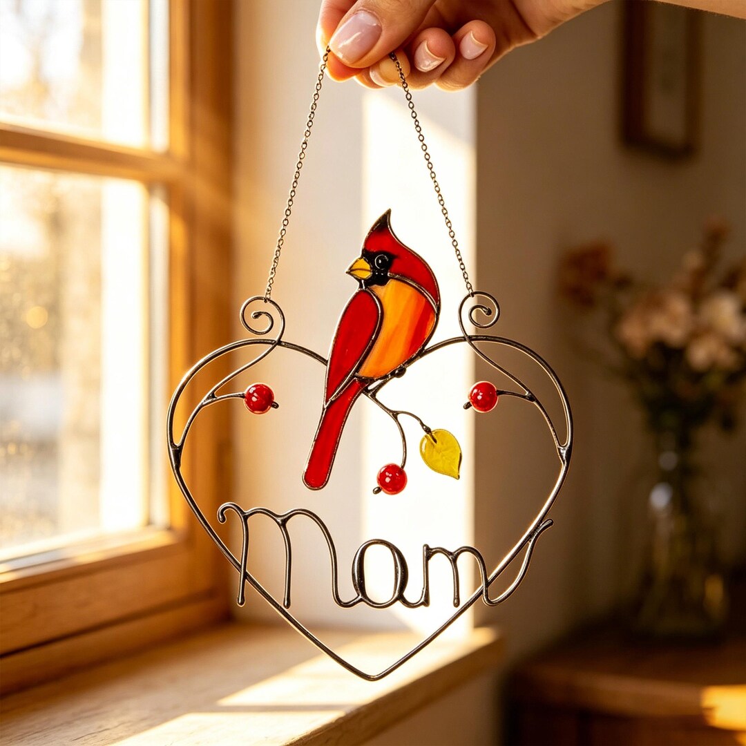 Handcrafted Stained Glass Cardinal Heart Ornament, Window Hanging Home ...