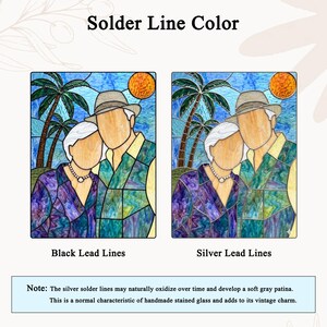 May include: A comparison chart titled Solder Line Color showing two stained glass portraits of a couple under palm trees. One features black lead lines, the other silver lead lines. A note explains that silver solder may oxidize over time.