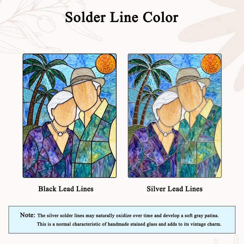 May include: A comparison chart titled Solder Line Color showing two stained glass portraits of a couple under palm trees. One features black lead lines, the other silver lead lines. A note explains that silver solder may oxidize over time.