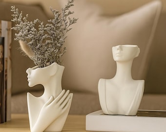 モダンな抽象的な顔の花瓶 - ドライフラワー用のミニマリストな陶器の彫刻 - 芸術的なホームデコレーションのアクセント - 彼女へのギフト - ファームハウスの装飾