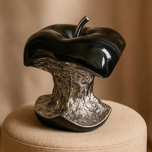 May include: A contemporary sculpture of a black apple core with a glossy finish. The apple core is mounted on a textured, silver-toned base, with a black trim. This is a distinctive decorative piece.