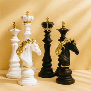 May include: Decorative chess pieces in black, white, and gold. The set includes a white knight with gold mane, a white queen with a gold crown, and black king and queen pieces with gold accents. The pieces are displayed on a neutral background.