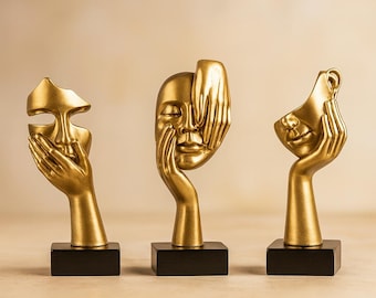 Estatua abstracta de cara dorada – Escultura moderna de resina para decoración del hogar, figura artística para estantería o mesa – Decoración de apartamentos – Regalos para el hogar