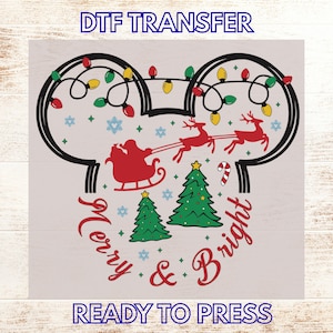 Ready to Press Disney DTF Transfer, Mickey Christmas Iron On, Merry & Bright DTF Print, Holiday Heat Press Christmas T-Shirt Design