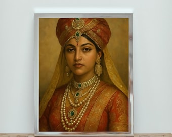 Royal Maharani Wall Art – Indian Queen Traditional Painting – Regal Woman Portrait Printable