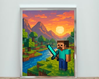 Minecraft-Inspired Wall Art – Pixel Landscape Digital Print | Gamer Room Decor, Kids Bedroom Printable