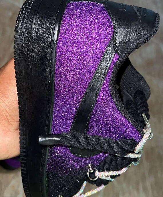 Nike Air Force Custom Black and Purple Glitter Silver Sneakers