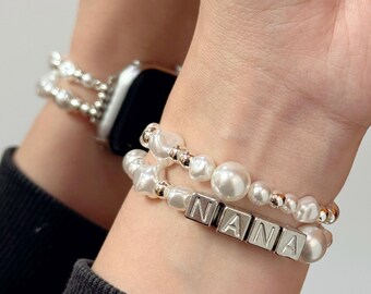 Multi-Strand White Pearl stretchable iwatch band with Silver-Tone Accents Amazon.com: V-MORO Compatible with Apple Watch Band Pearl  main image 3