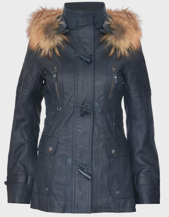 Damen Navy Gesteppte Lederjacke mit Kapuze und Parka