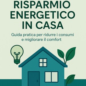 Può includere: Illustrazione turchese con il testo "RISPARMIO ENERGETICO IN CASA" e "Guida pratica per ridurre i consumi e migliorare il comfort." Sono raffigurati anche una casa turchese, una lampadina e delle foglie. Il testo "AemmeStudioPro" è in basso.