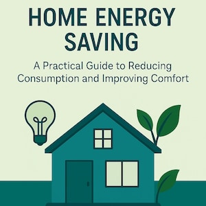 Può includere: Illustrazione turchese di una casa con una lampadina e foglie, con il testo "HOME ENERGY SAVING" e "A Practical Guide to Reducing Consumption and Improving Comfort." Il logo "AemmeStudioPro" è in basso.