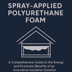 以下が含まれることがあります： 「SPRAY-APPLIED POLYURETHANE FOAM」と書かれた白い文字のネイビーブルーのグラフィック。テキストの下には、断熱材が入った家の線画があります。下部のテキストは「革新的な断熱ソリューションのエネルギー的および経済的メリットに関する包括的なガイド」と書かれています。