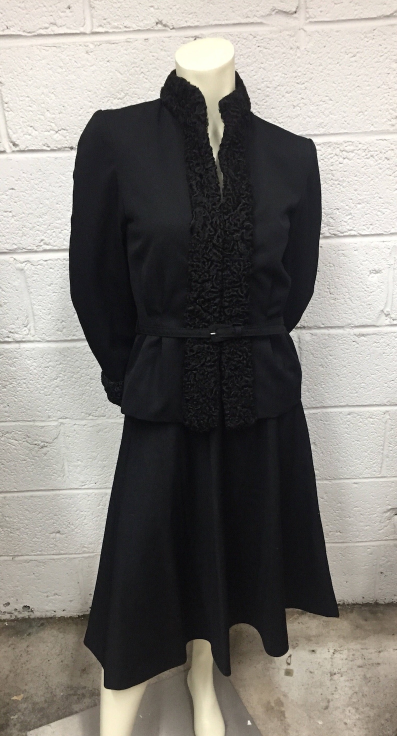 Gabardine Black Skirt Suit with Lamb\u2019s Wool Trim 1940s