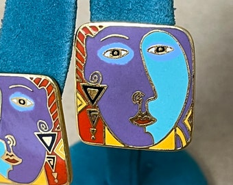 Laurel Burch Signed Pharaoh's Daughter Enameled Pierced Earrings 1990s