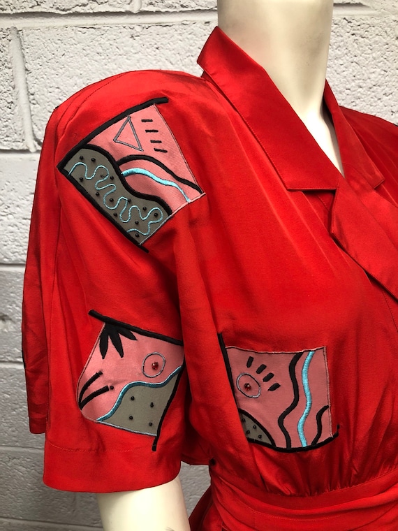 1980s Applique Red Silk Blouse and Skirt by Merced