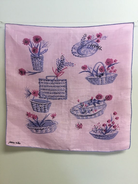 Jeanne Miller Signed Flower Basket Handkerchief