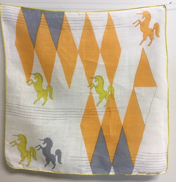 Anne Samstag Signed Handkerchief Hanky Unicorns an