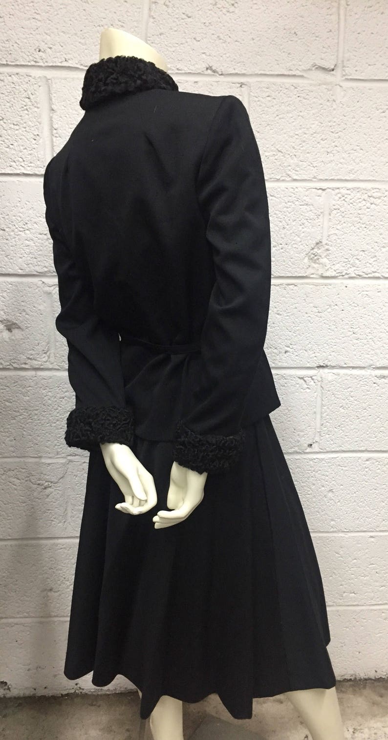Gabardine Black Skirt Suit with Lamb\u2019s Wool Trim 1940s