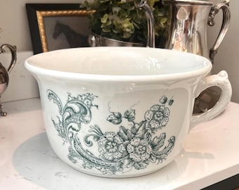 Antique Ironstone Chamber Pot – Green Floral Transferware – Late 19th Century "Thunder Pot" – Large 9" Vintage Planter – Unmarked Ironstone