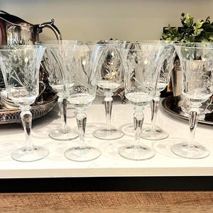 Set of 7 Vintage Etched Crystal Wine Glasses | Elegant Floral Daisy & Leaf Etched Stemware | Cottage French Country Barware