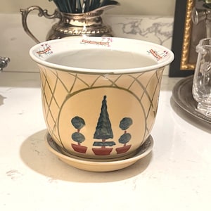 Vintage Hand-Painted Topiary Ceramic Planter with Matching Saucer