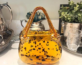 Vintage Block Crystal Hand Blown Art Glass Purse Vase | Tortoiseshell Leopard Print Amber Handbag Sculpture