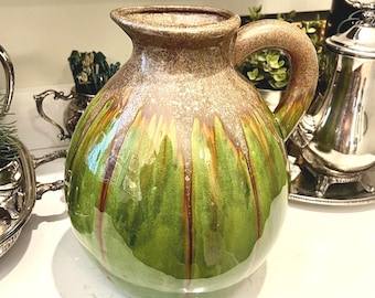 Vintage Ceramic Pitcher – Handcrafted Drip Glaze Pottery, Mid-Century Decor