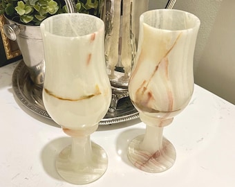 Handcrafted Onyx Natural Stone Wine Glasses / Marble Goblets - Set of 2