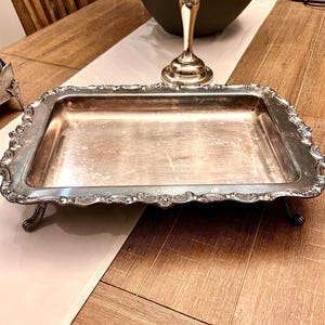 Vintage Poole Silver Co. Footed Serving Tray - Ornate Lancaster Rose Pattern - EPCA Silver on Copper - Large 18.5” Rectangular Platter