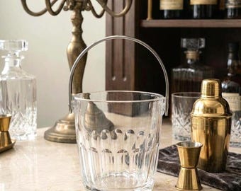 Vintage Hoya Crystal Ice Bucket with 18-8 Stainless Steel Handle, Mid Century Modern Japanese Barware, Original Base Label