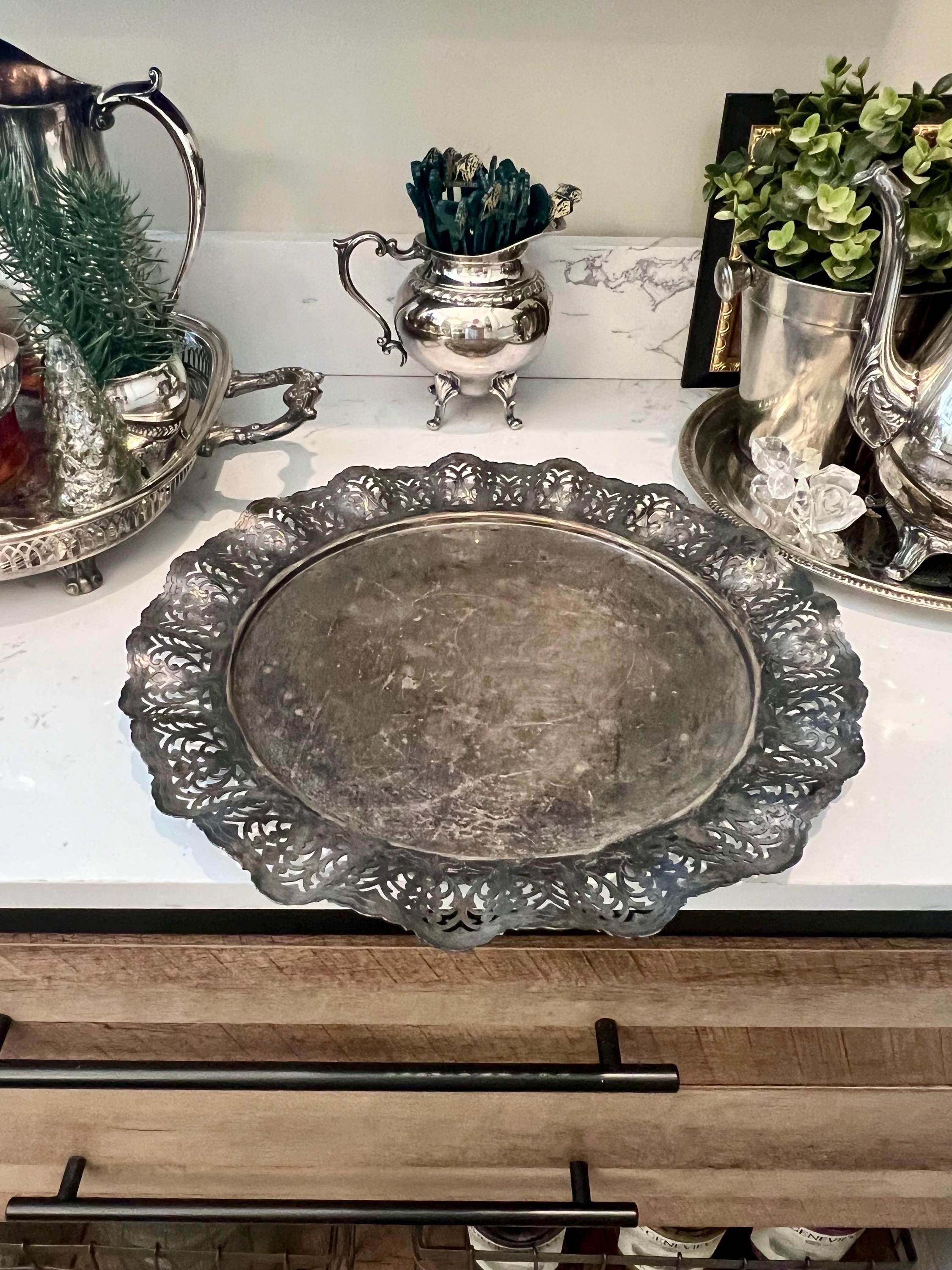 Vintage Silver Plated Serving Tray, Ornate Scalloped Edge, Victorian Decor