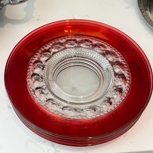 Vintage King's Crown Ruby Plates – Set of 4 Clear Thumbprint Luncheon Tiffin Glass
