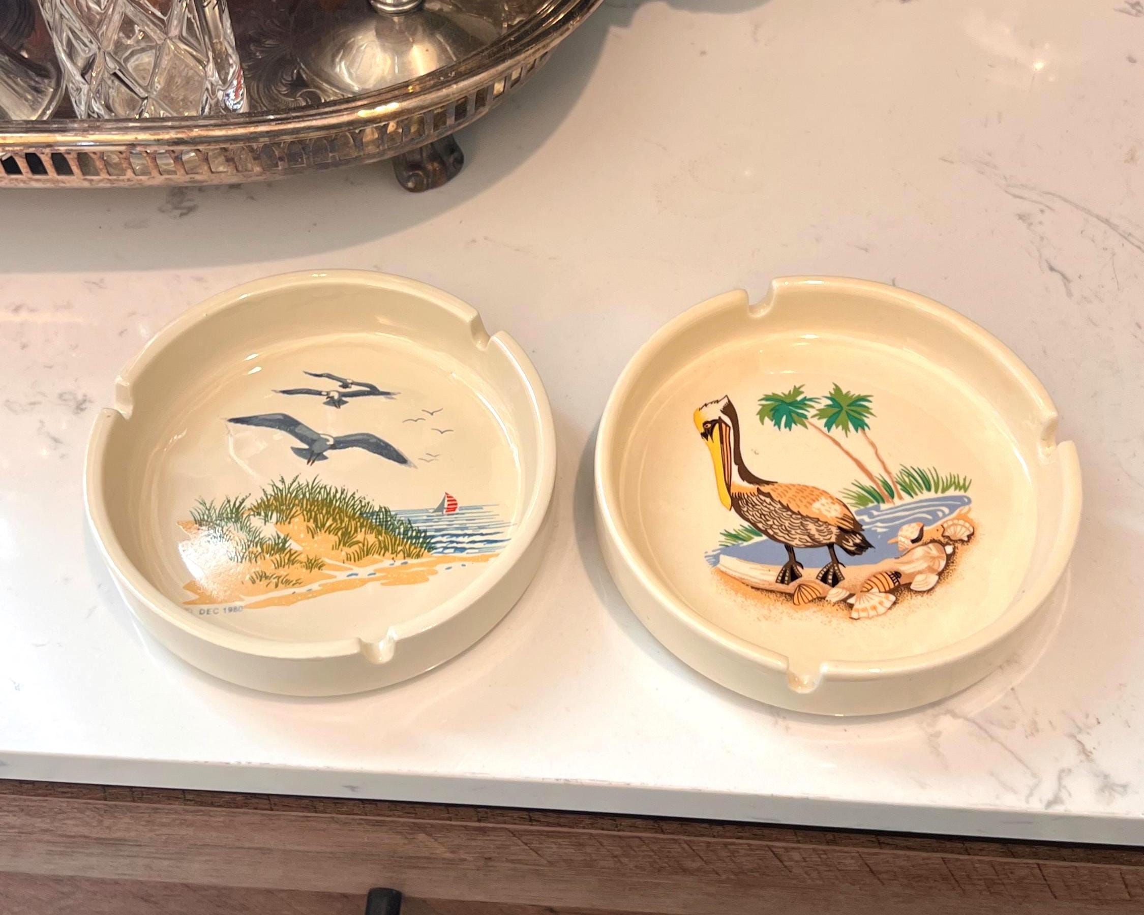 Vintage Ceramic Ashtrays - Mid-Century Florida Souvenir Beach Scene Set