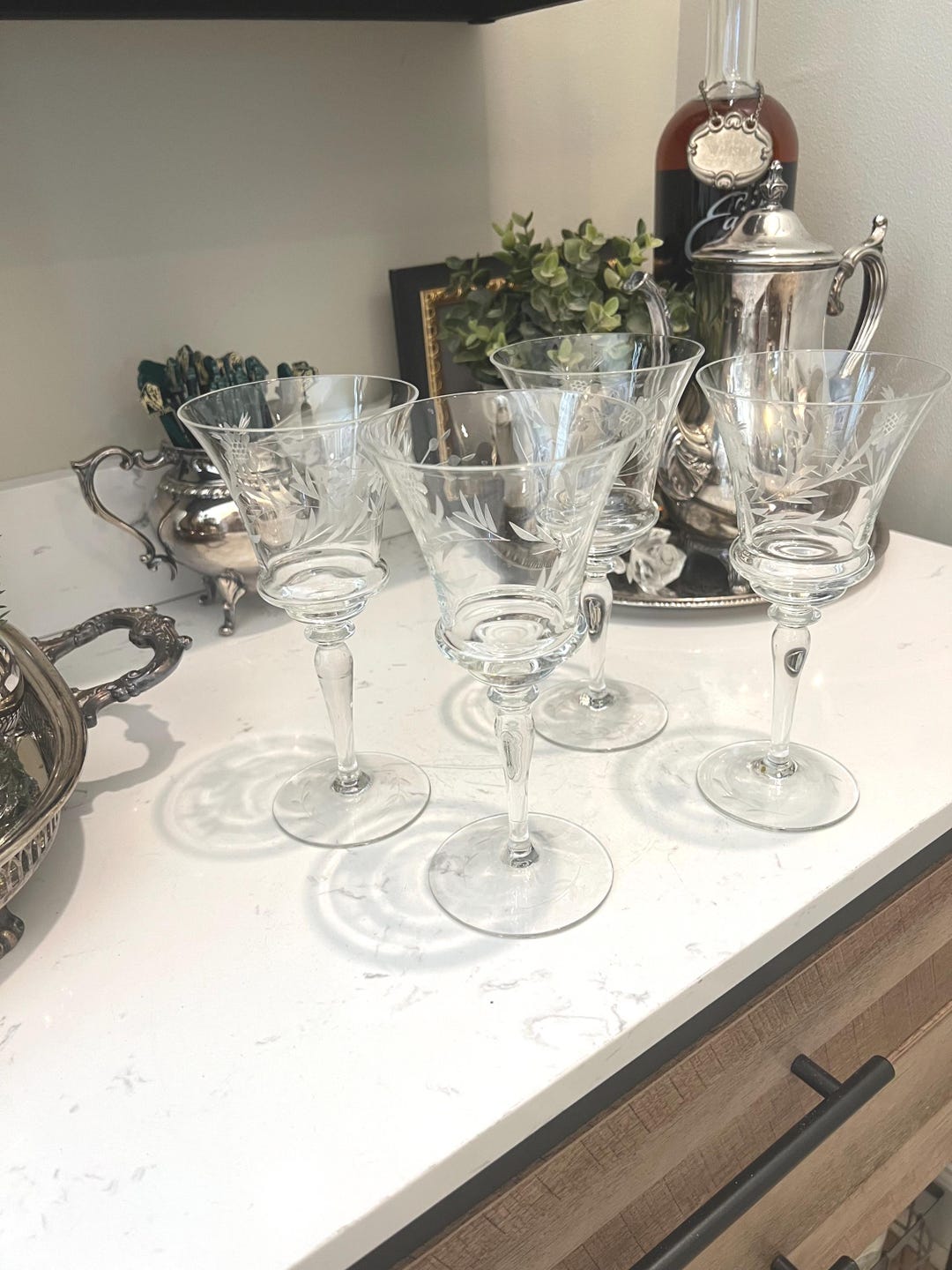 Vintage Etched Floral Stemware Set of 4 - Vintage Barware - Etsy
