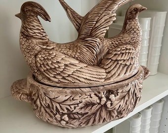 Vintage Pheasant Tureen: French Country Ceramic Server, Woodland Decor