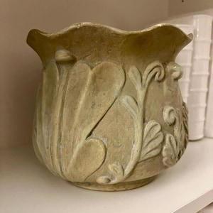Vintage-Inspired Embossed Ceramic Planter | Antique-Style Hand-Painted Decorative Pot with Botanical Motif