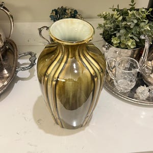 Vintage Mid Century Modern Ceramic Bamboo Vase | Olive Green & Gold Drip Glaze Art Pottery | 1950s MCM Ribbed Fluted Statement Vase