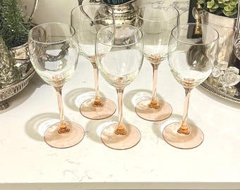 Vintage Blush Pink Stem Wine Glasses (Set of 5) | French Luminarc Glassware