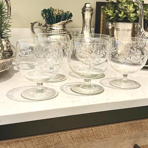 Vintage Etched Crystal Brandy Snifters, Wheat Berry Grape Pattern, Set of 5