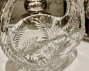 Vintage Bohemia Lead Crystal Basket: Hand-Cut Leaf Design Centerpiece