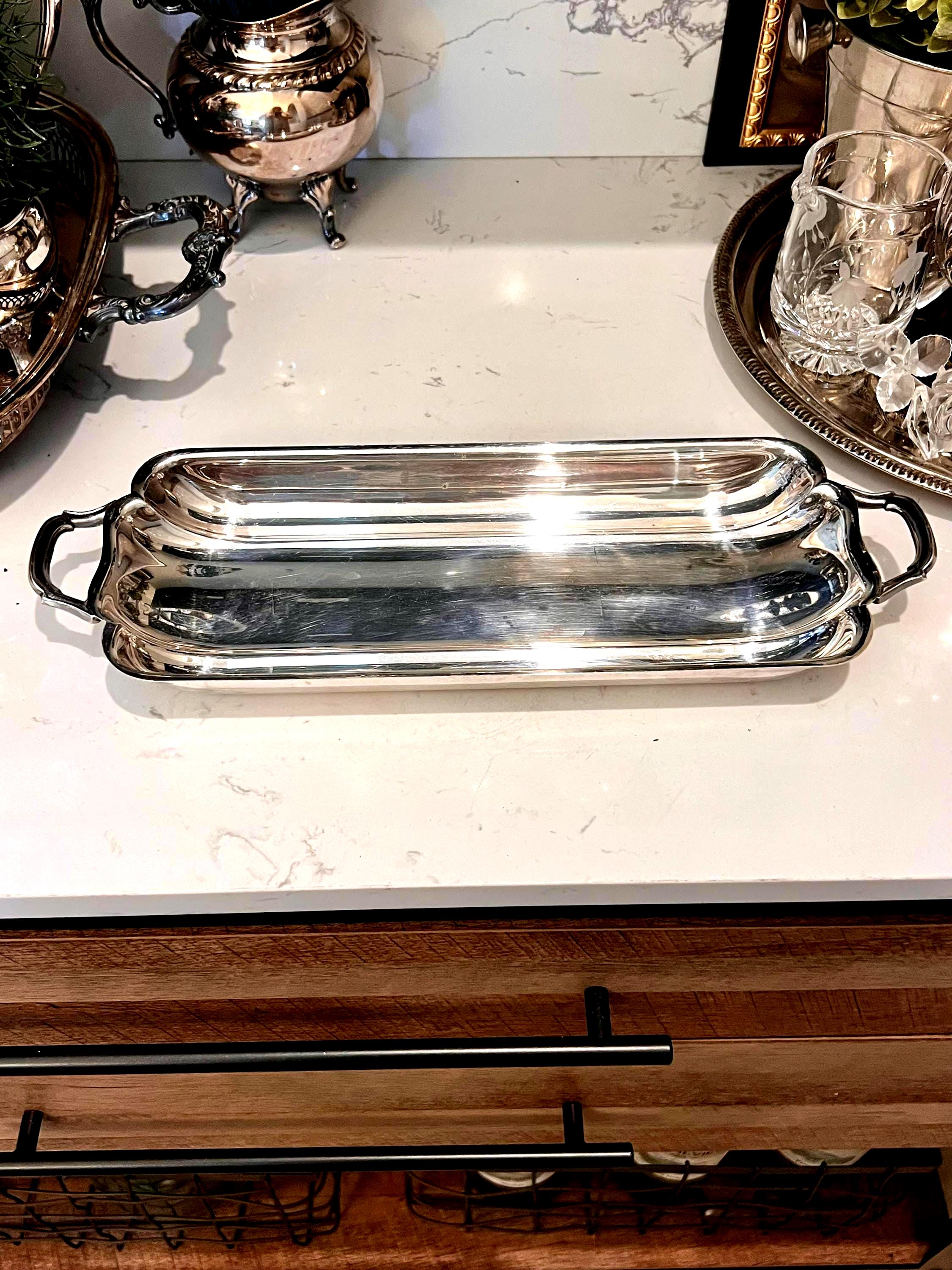 Plateau De Service Vintage 2 Compartiments – Inox Brossé – Poignées Décoratives